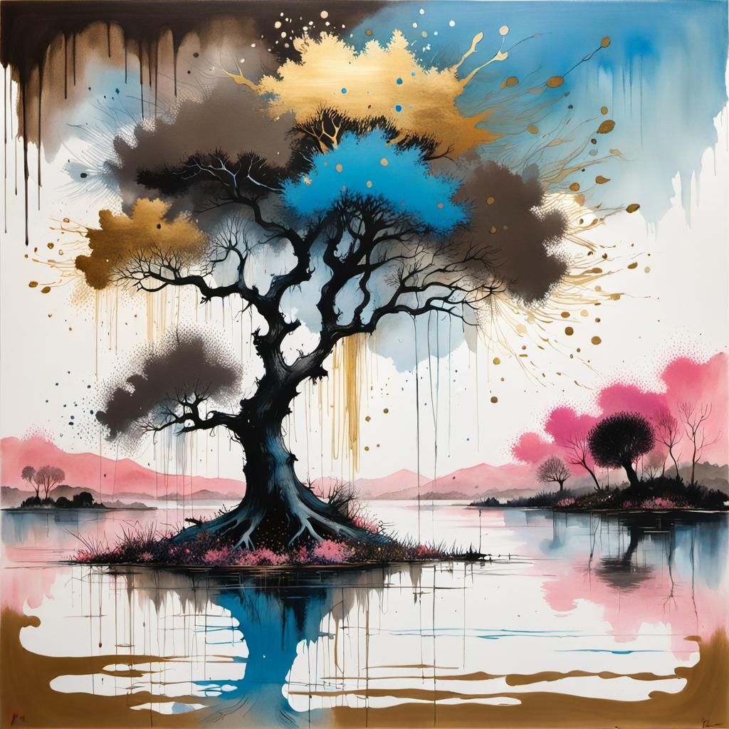 Tree by Water: Ink Painting in Ralph Steadman Style