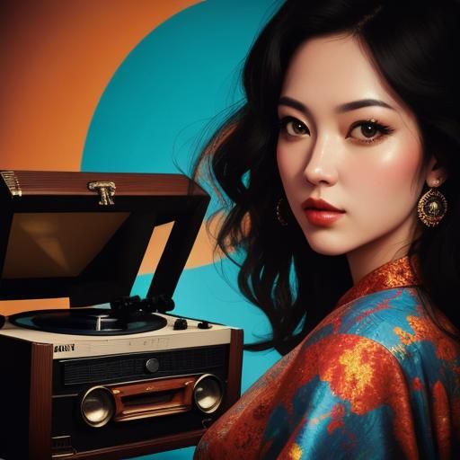 Girl Listening to Records: Hyperrealistic Splash Art