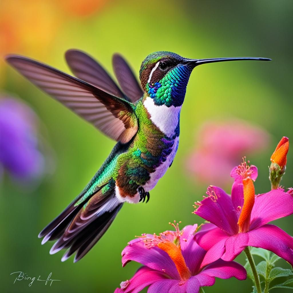 Elegant Hummingbird at Flower: Hyperrealistic UHD Image