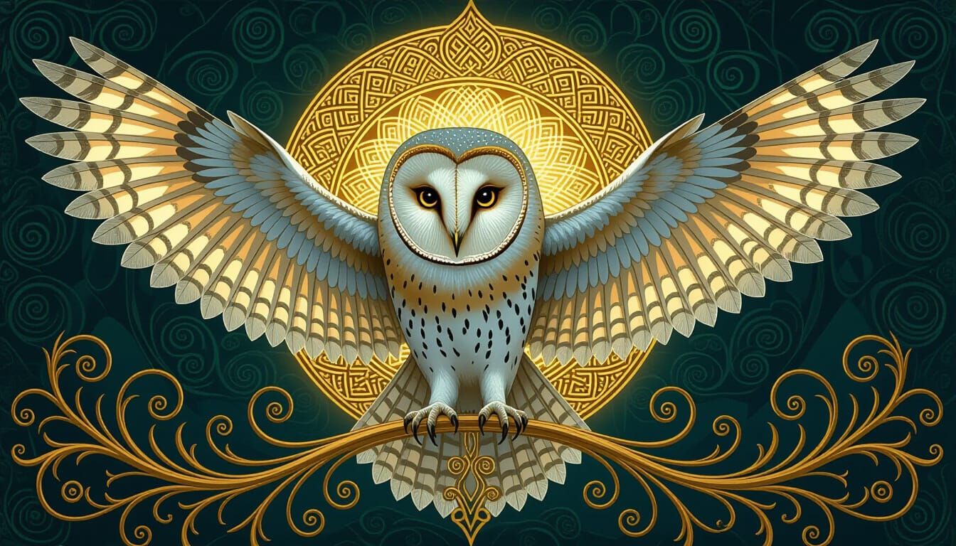 Mystical Earless Barn Owl with Celtic Mandala
