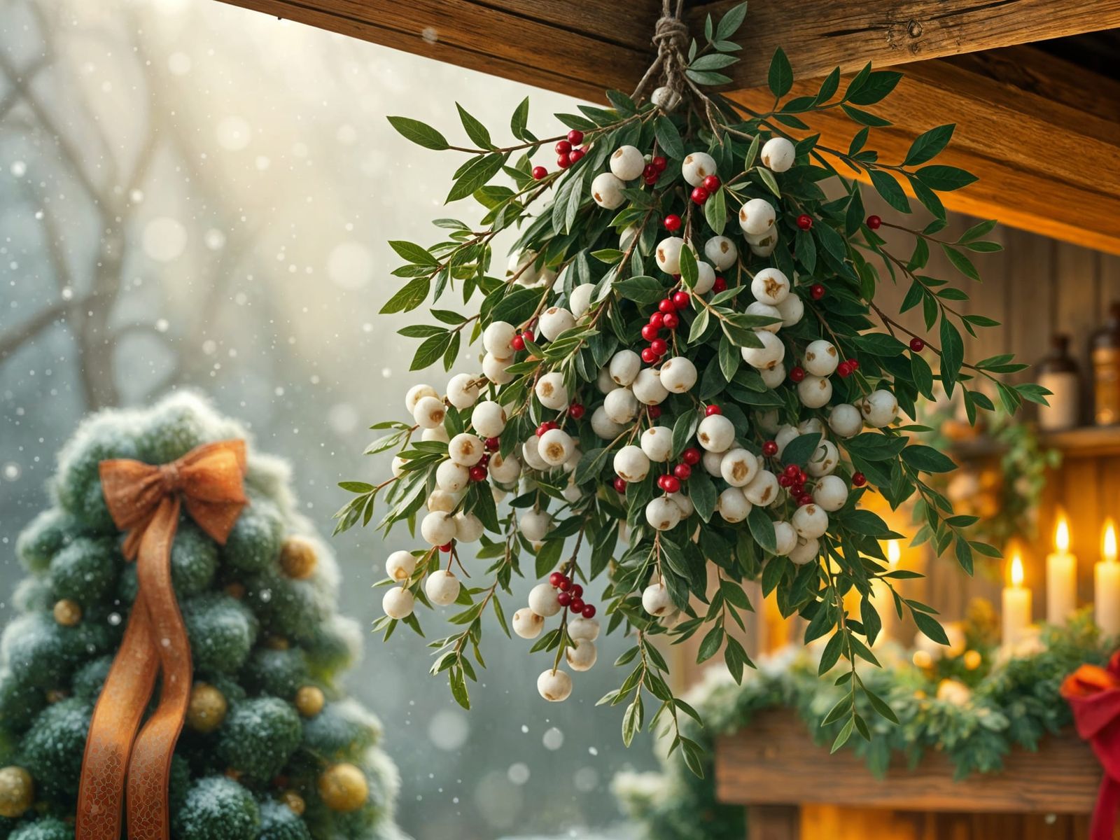 Whimsical Christmas Scene with Mistletoe and Candlelight