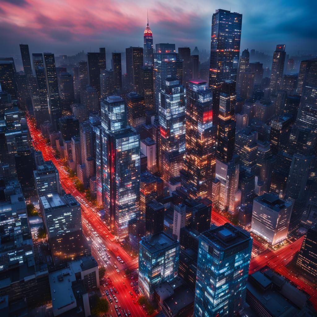 Vibrant Cityscape with Ink Splotches in Photographic Realism