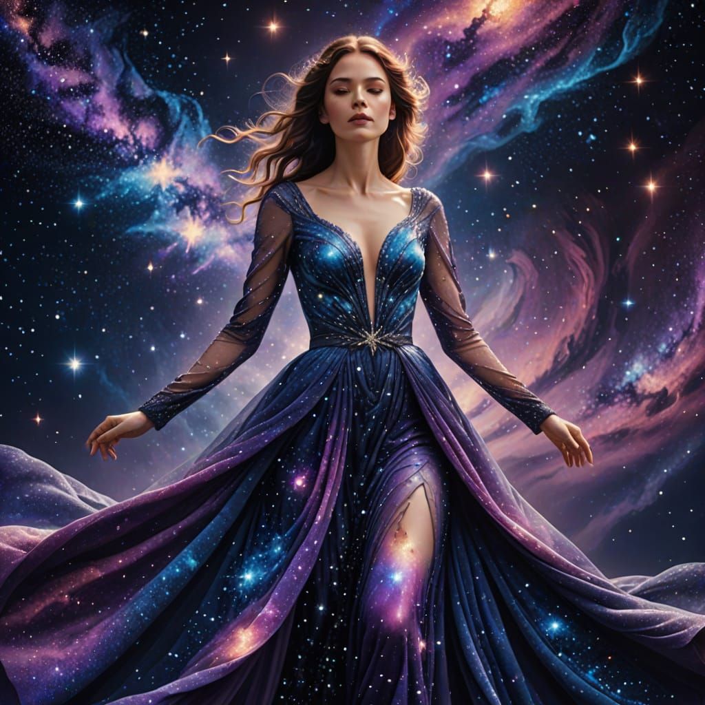 Ethereal Woman in Star-Dusted Gown