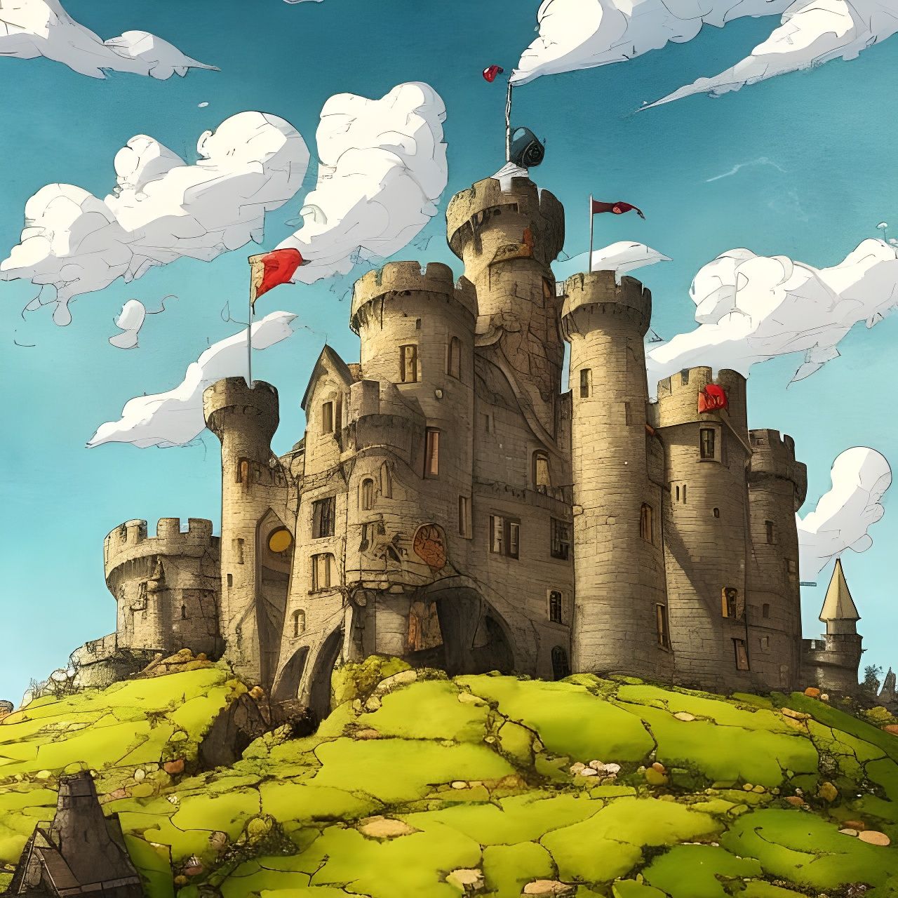 Medieval Castle Overlooking Wheat Fields in Watercolor Style