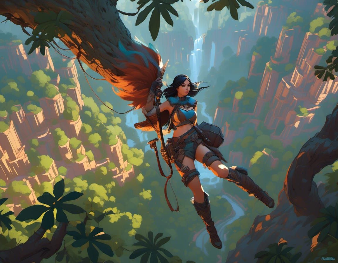 Adventurer Climbs Jungle Tree: Photorealistic Concept Art
