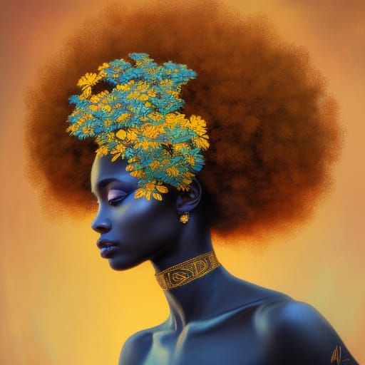 African Goddess Portrait with Gold and Blue Flowers