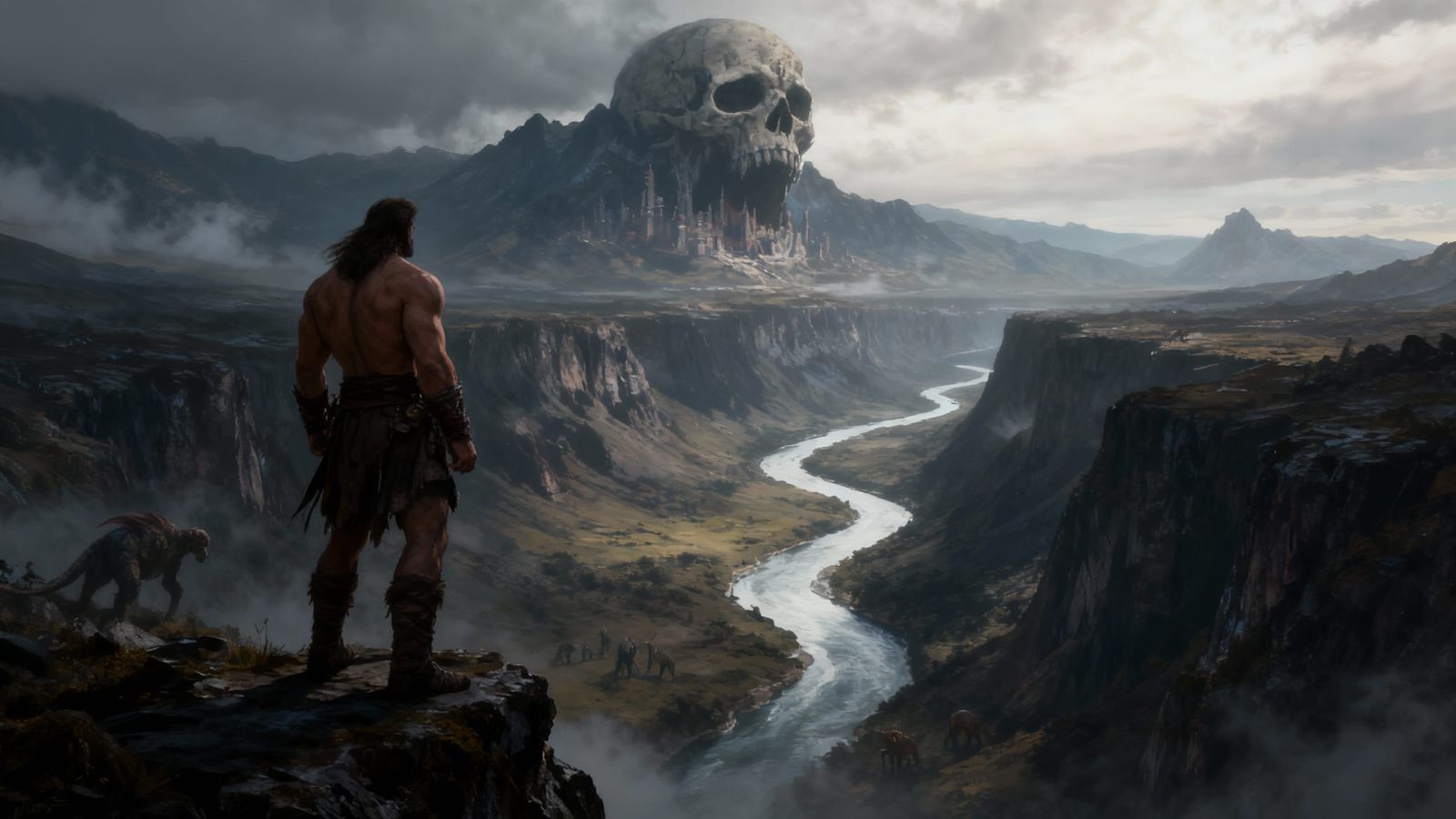 Barbarian Gazes at Skull Mountain City in Dark Fantasy Art