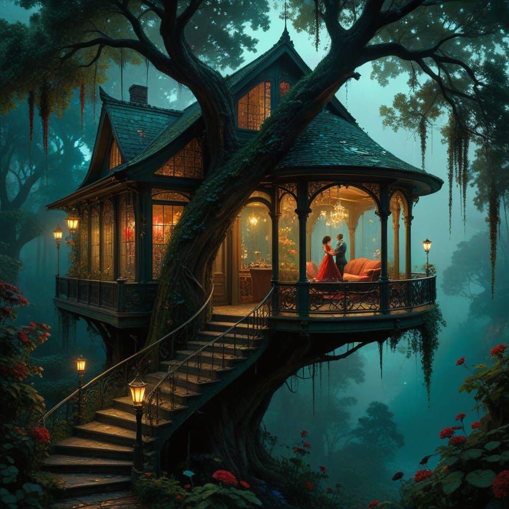 Japanese-Style Treehouse in Mystical Forest