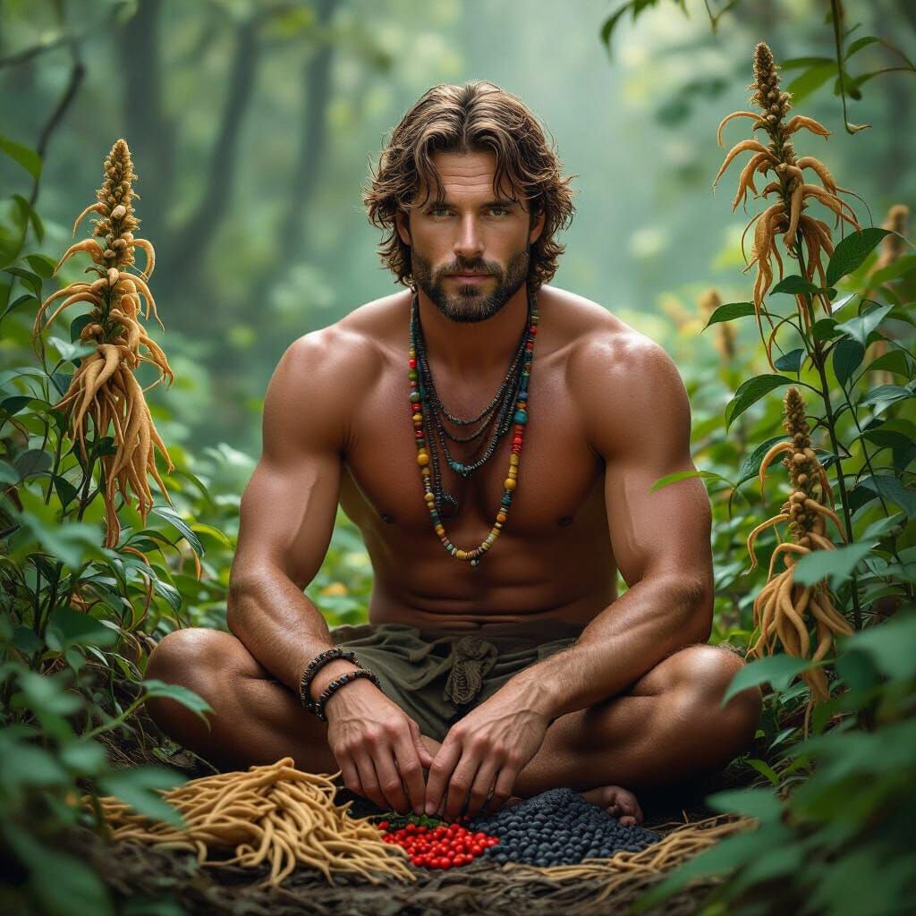 Man Surrounded by Herbs in Natural Environment