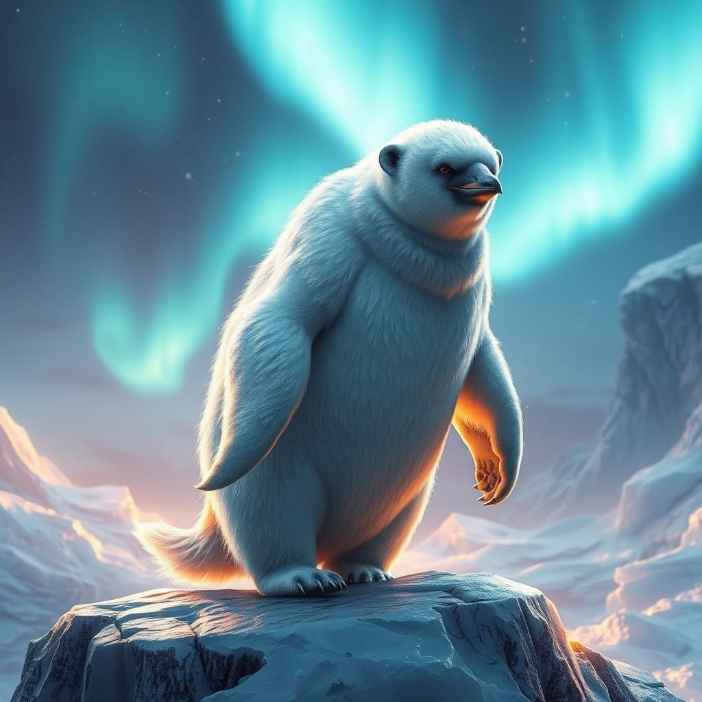 Majestic Penguin-Polar Bear Hybrid in Dreamlike Arctic Lands...