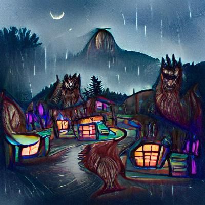 Werewolf Village on Mountain in Rainy Night