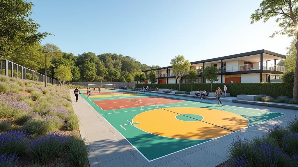 Modern Sports Complex on Sloped Terrain in Postmodern Style