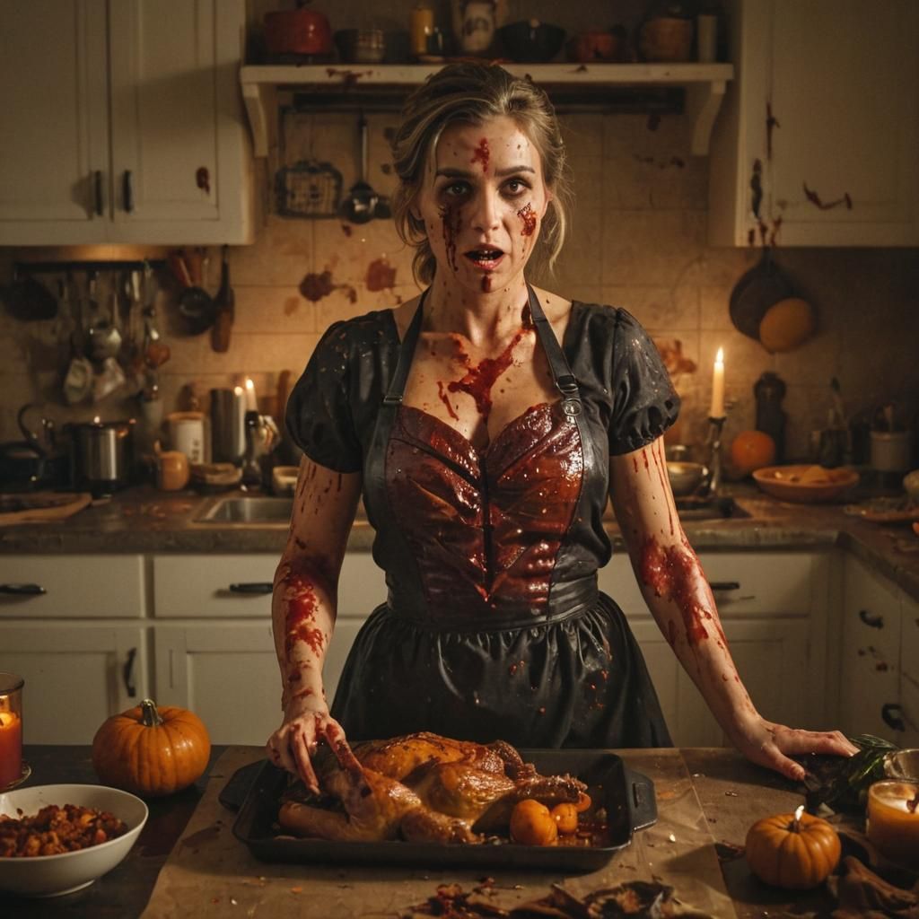 Frantic Housewife in Halloween Costume: Cinematic Still