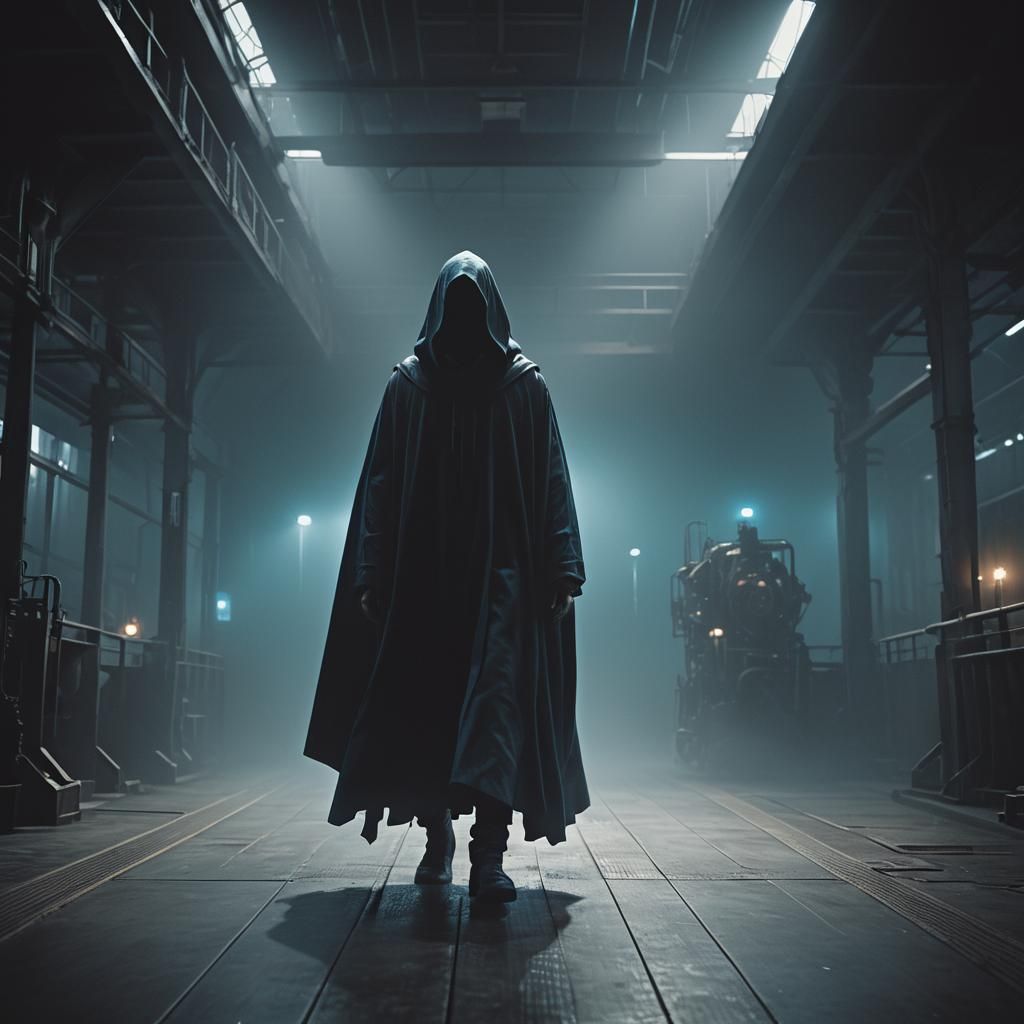 Eerie Sci-Fi Figure Emerges from Dark Industrial Shadows