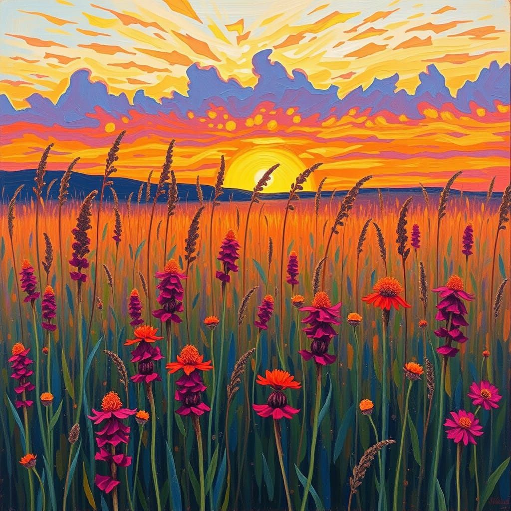 Vibrant Neo-Impressionist Landscape of Swirling Wildflowers ...