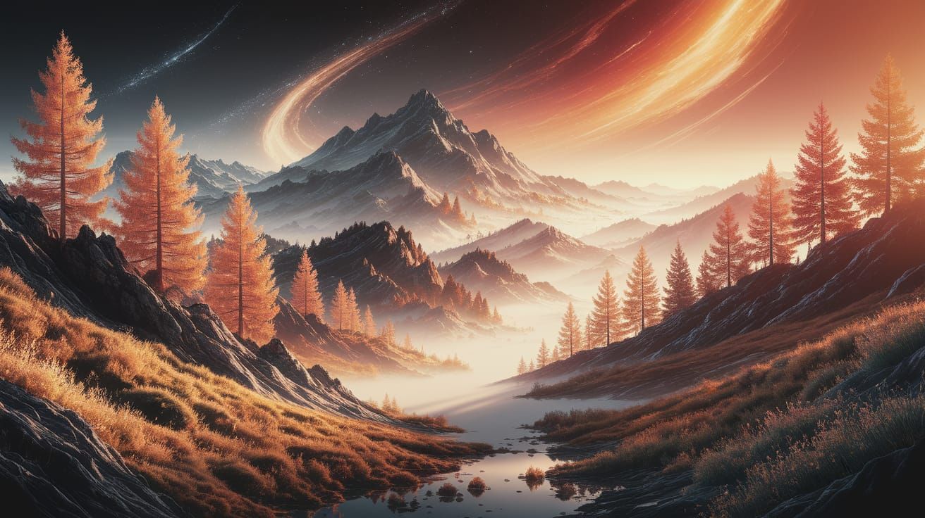 Layered Mountains in Ethereal Mist, Digital Art