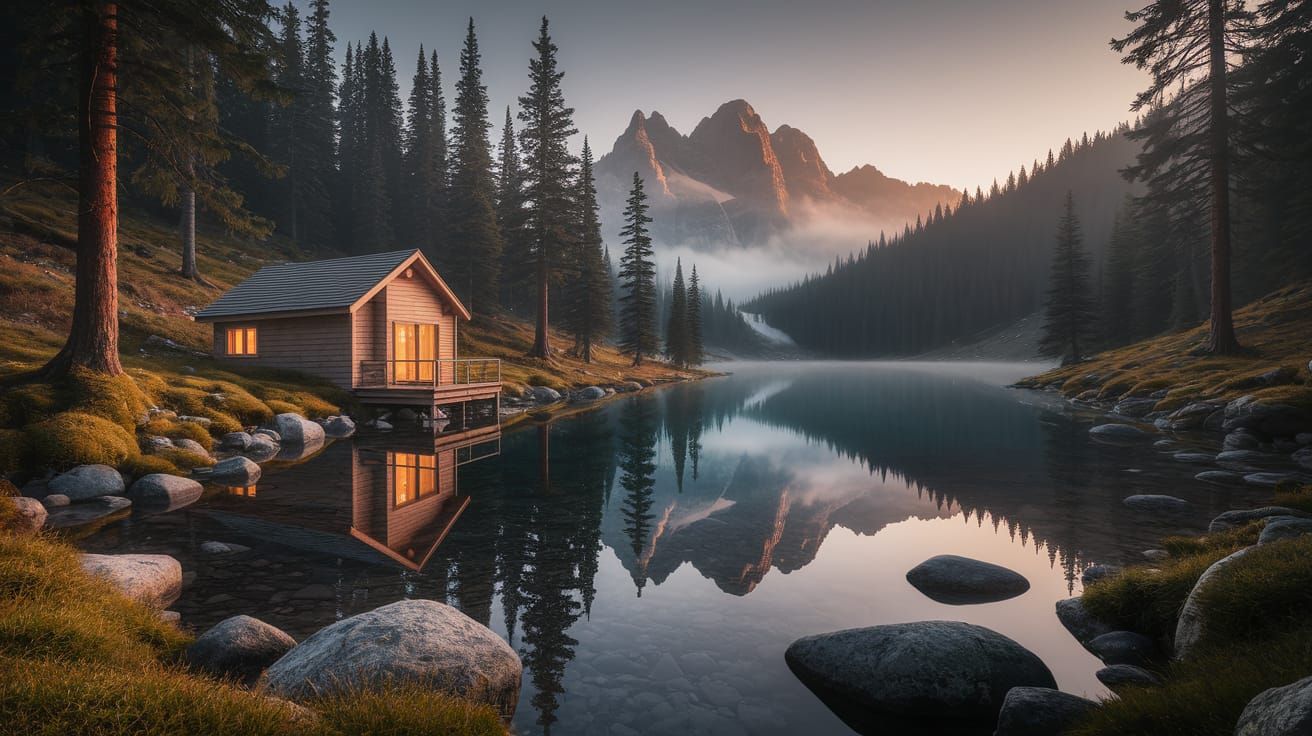 Serene Woodland Cabin at Dusk: Misty Mountains & Alpine Lake