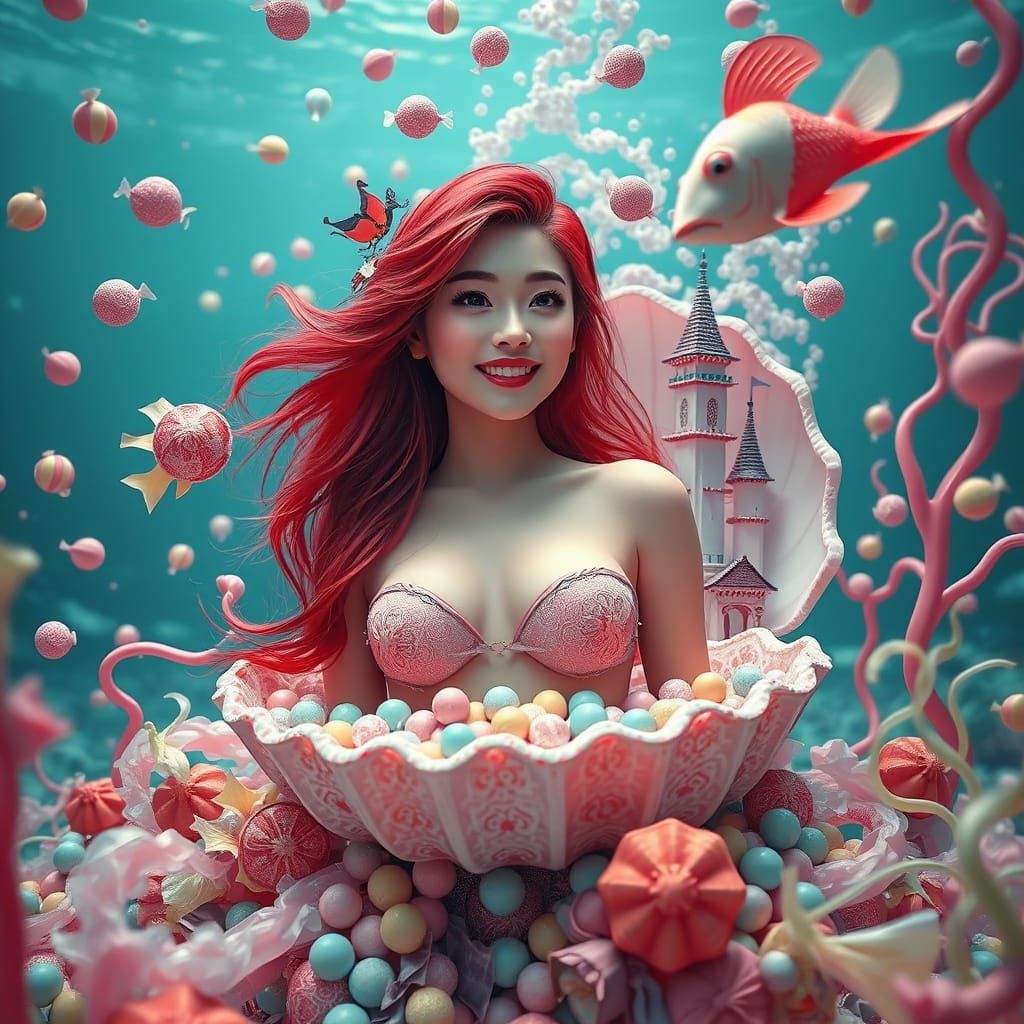 Surreal Pastel Mermaid with Chinese Candies