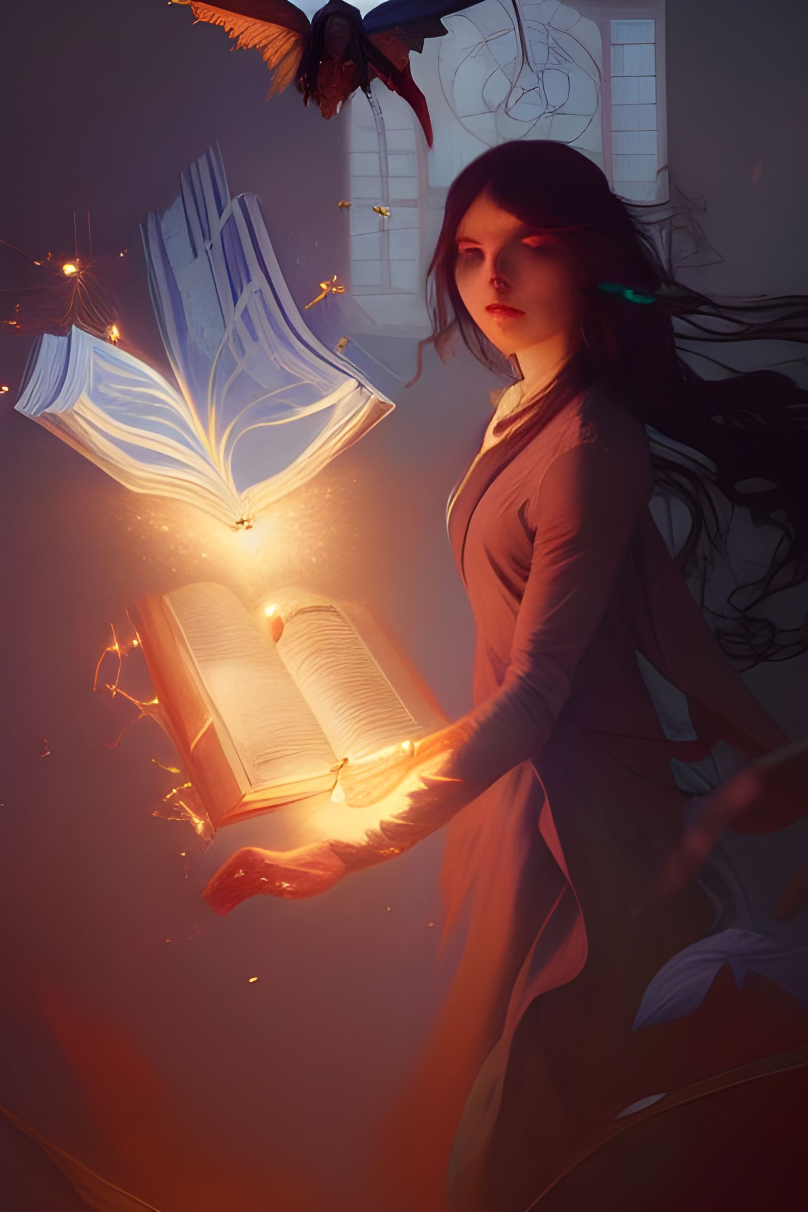 Enchanted Library with Flying Books, Art Nouveau Style