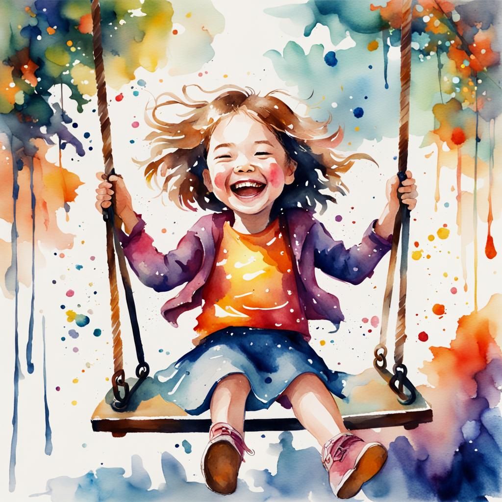 Laughing Girl on a Swing in Watercolor Style