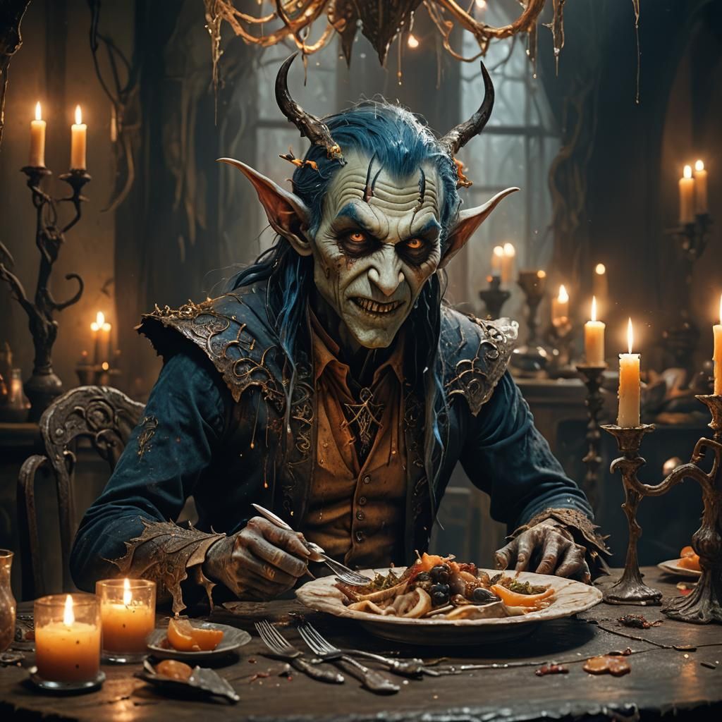Evil Elf's macabre Dinner in Dark Fantasy Style