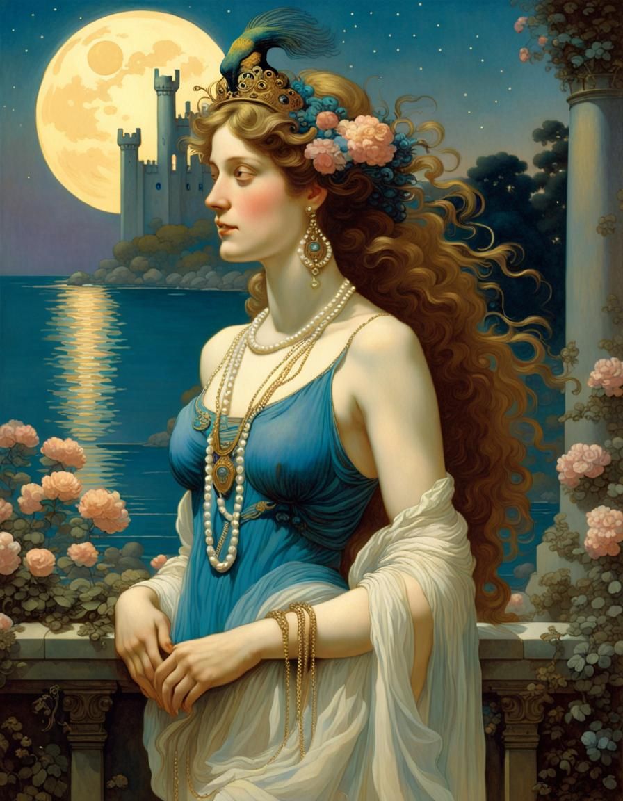 Luminous Maiden with Peacock in Golden Age Style