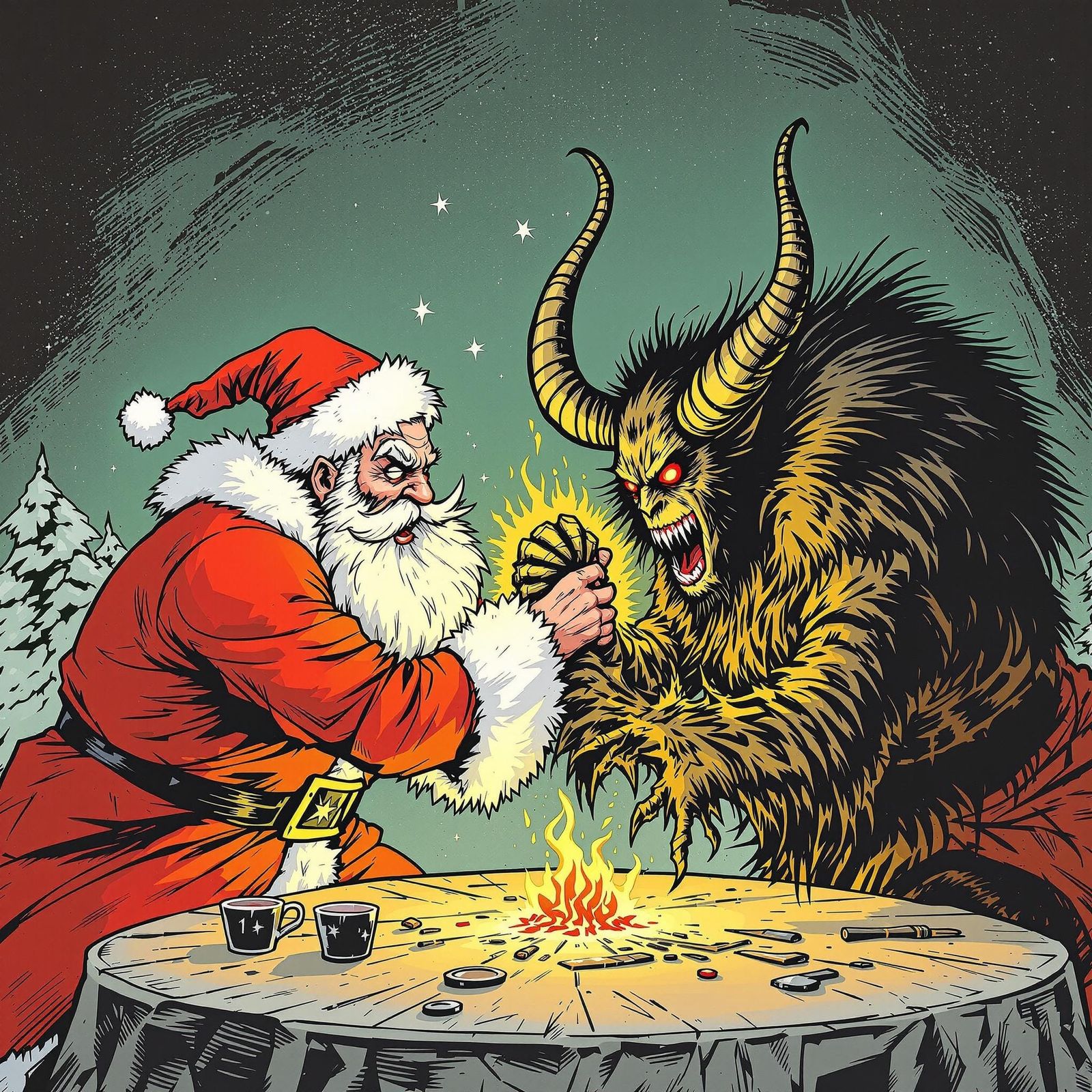 Santa Claus and Krampus arm-wrestling storybook illustration...