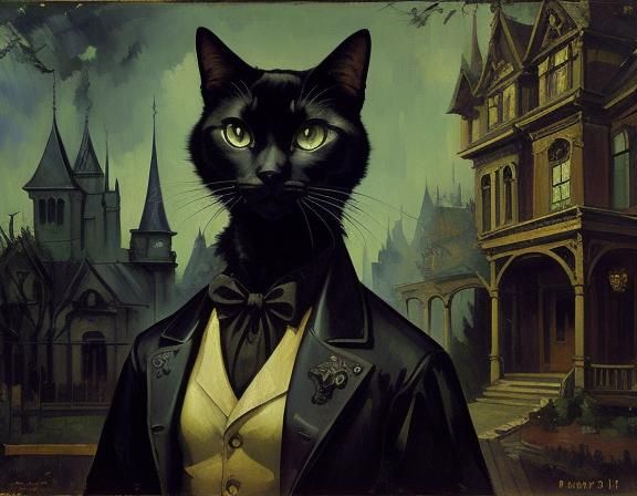 Steampunk Cat in Haunted Mansion, Post-Impressionist Paintin...