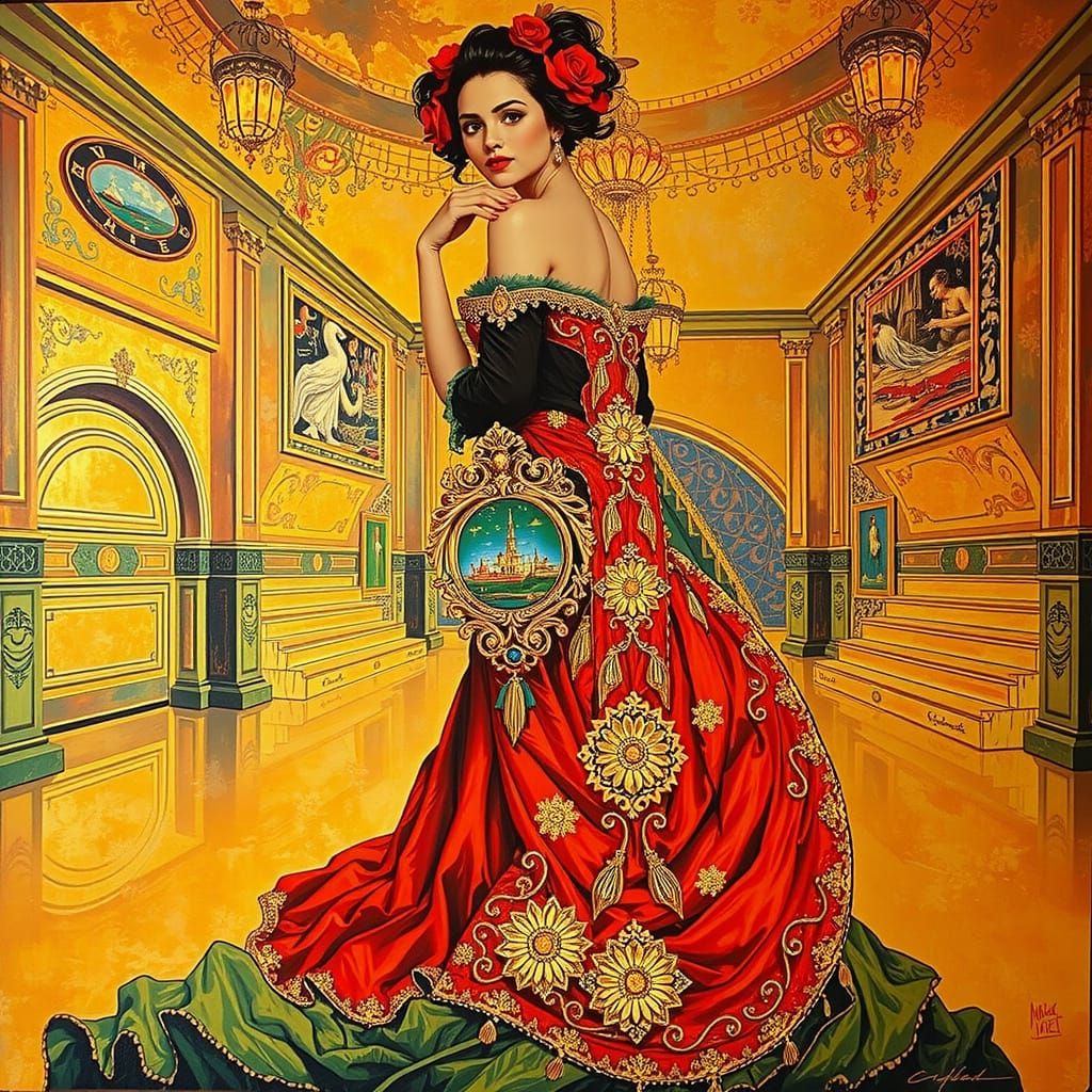 Woman in Opulent, Dreamlike Setting, in a Bold, Expressionis...