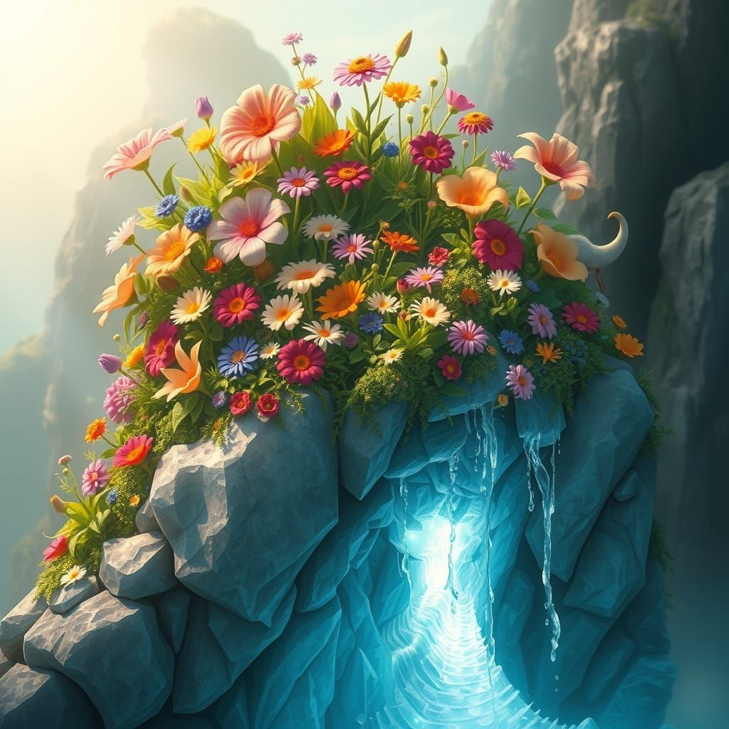 Lush Flower Kingdom with Crystal Waterfall in Dreamy Light