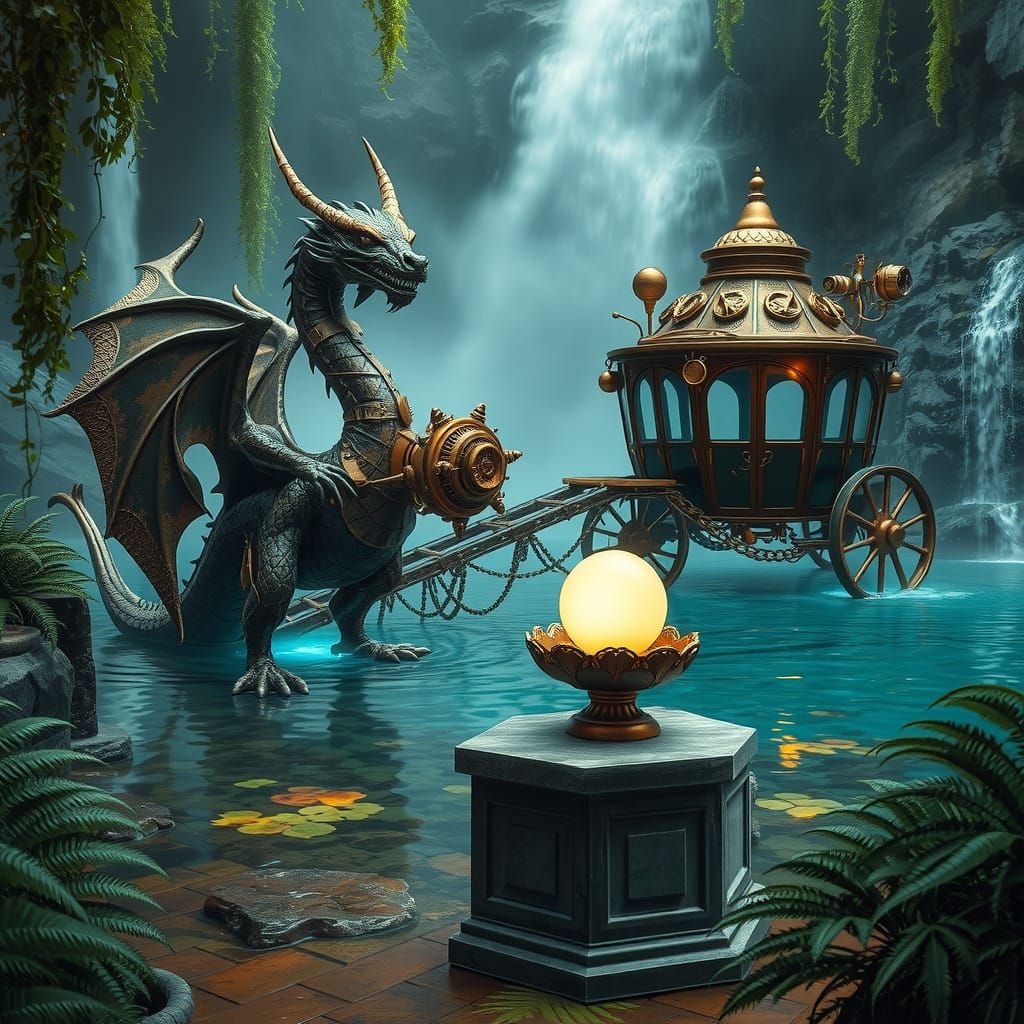 Bronze Steampunk Dragon Carriage by Waterfall