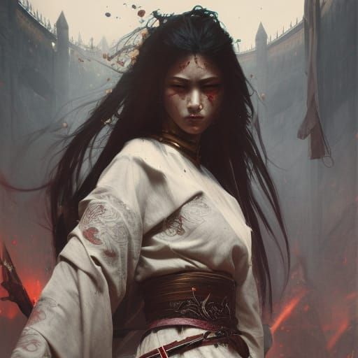 Furious Woman with Samurai Sword in Dark Fantasy Art