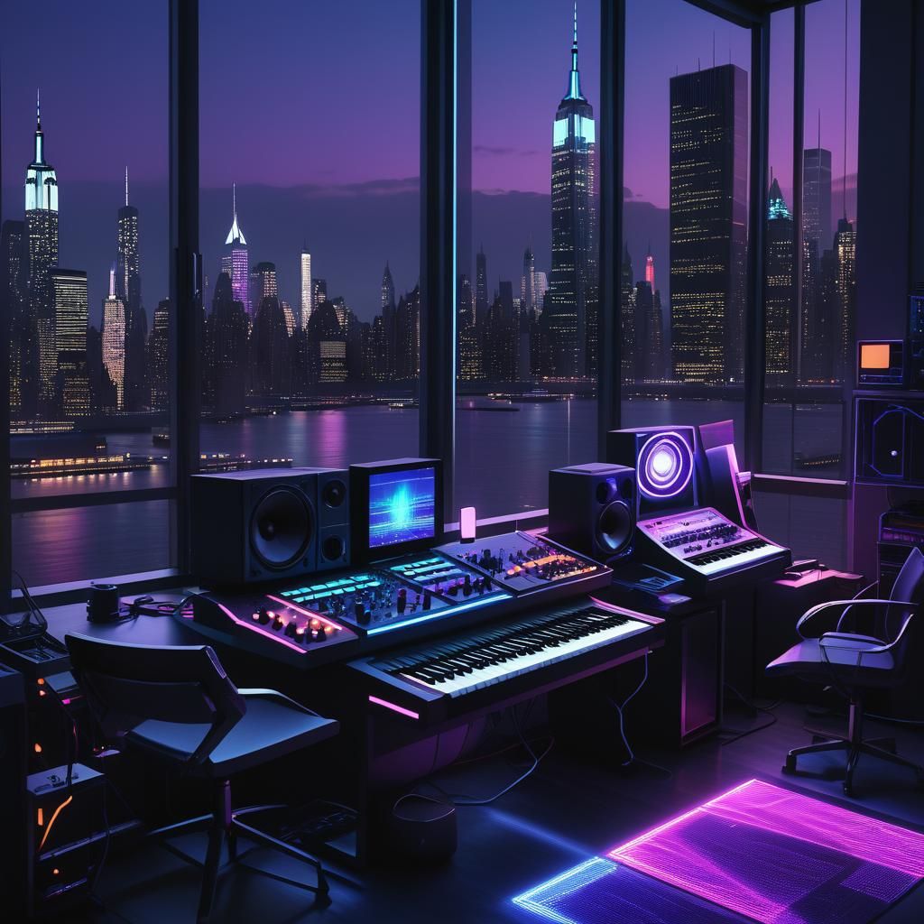 Futuristic Electronic Music Studio Panorama of Manhattan Isl...
