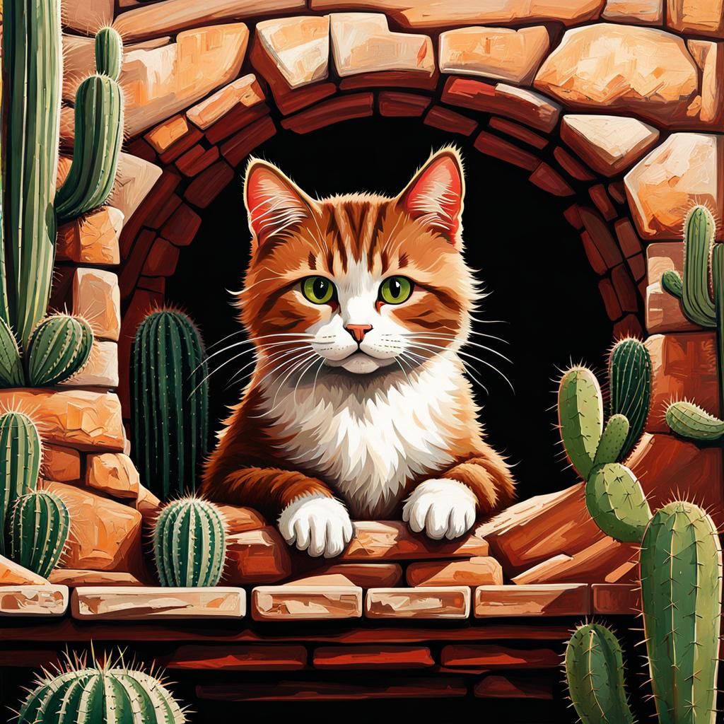 Post-Apocalyptic Cat in Desert Landscape Painting