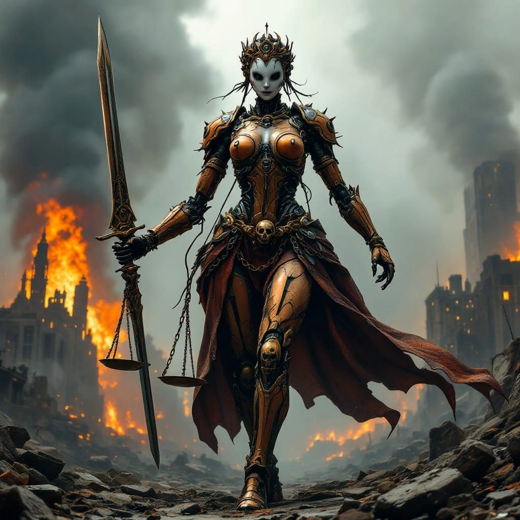 Steampunk Justice Android Wields Sword and Scale in Ruined C...
