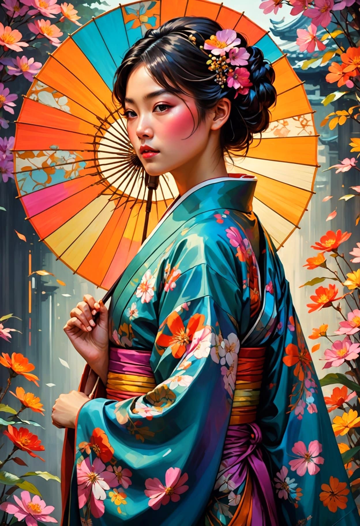 Young Woman in Kimono Portrait, Digital Art