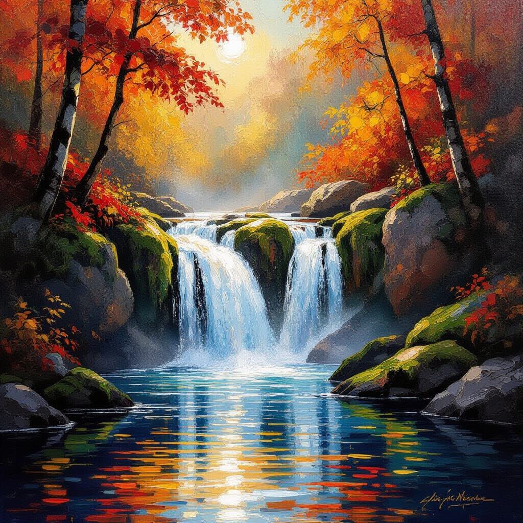 Majestic Waterfall in Autumn Colors, Impasto Oil Painting