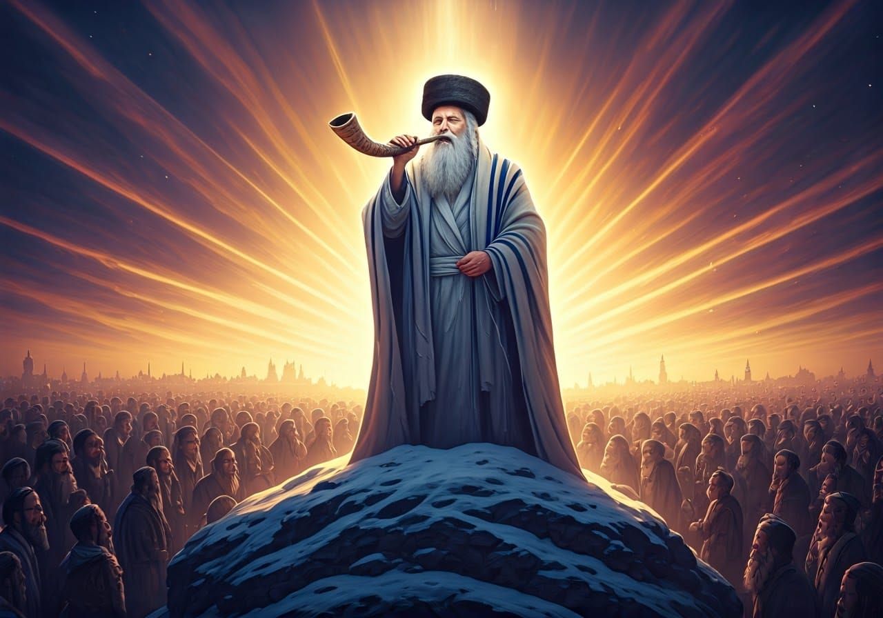 Jewish Messiah Blowing Shofar on Mountain in 8K