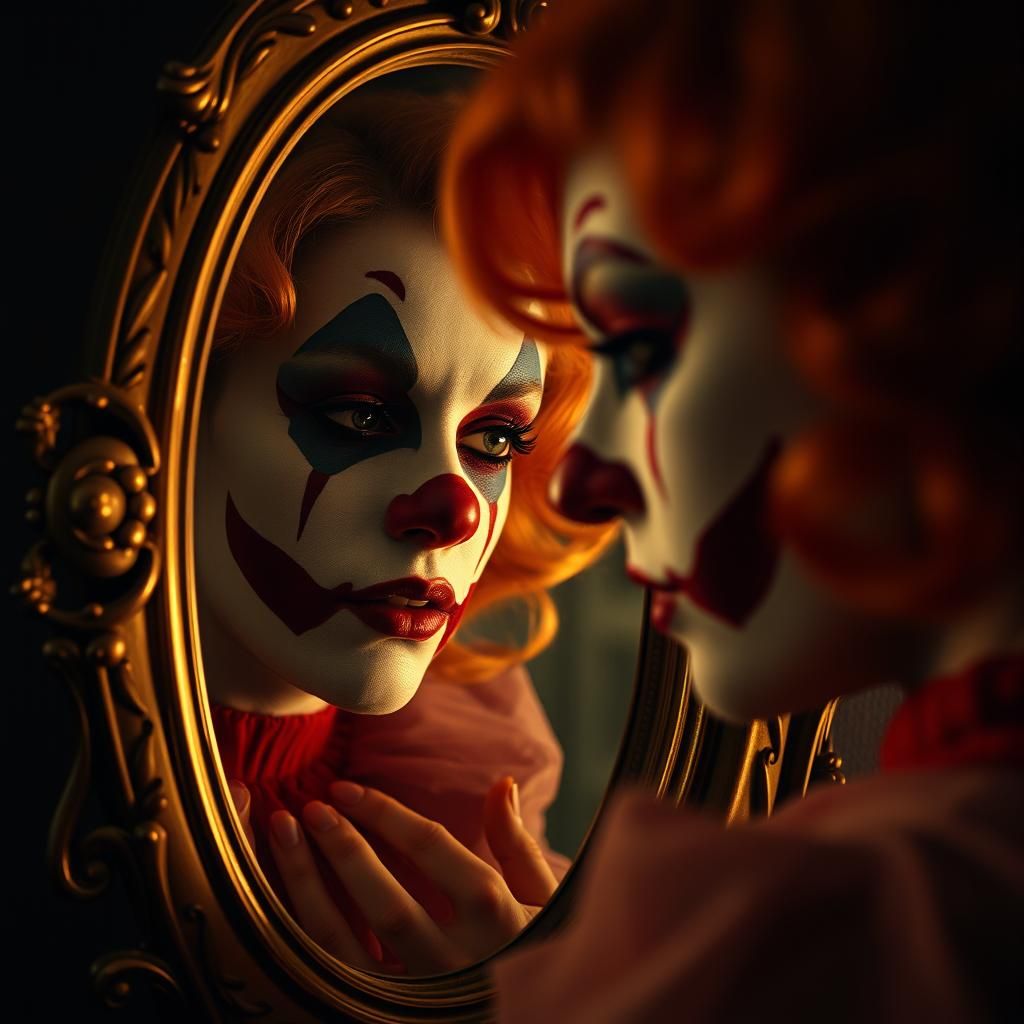 Contemplative Clown Reflection in Old Hollywood Style
