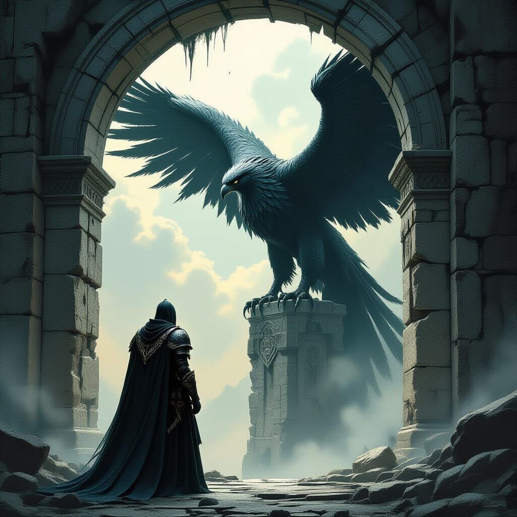 Knight and Decaying Griffin in Dark Fantasy Horror