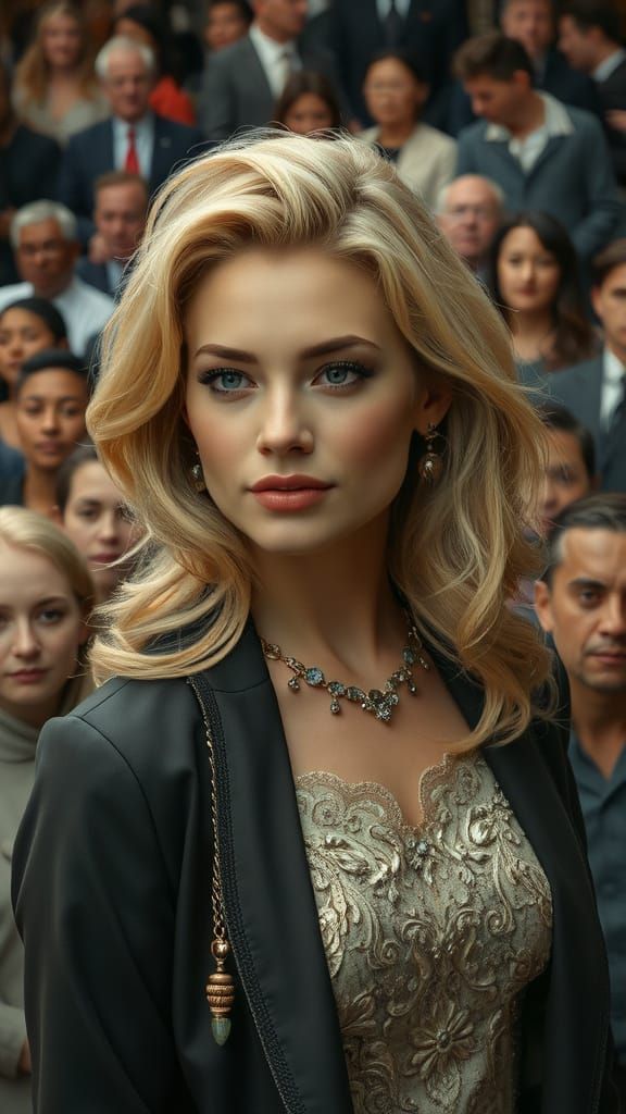 Elegant Woman in Crowd: Hyperrealistic Digital Portrait