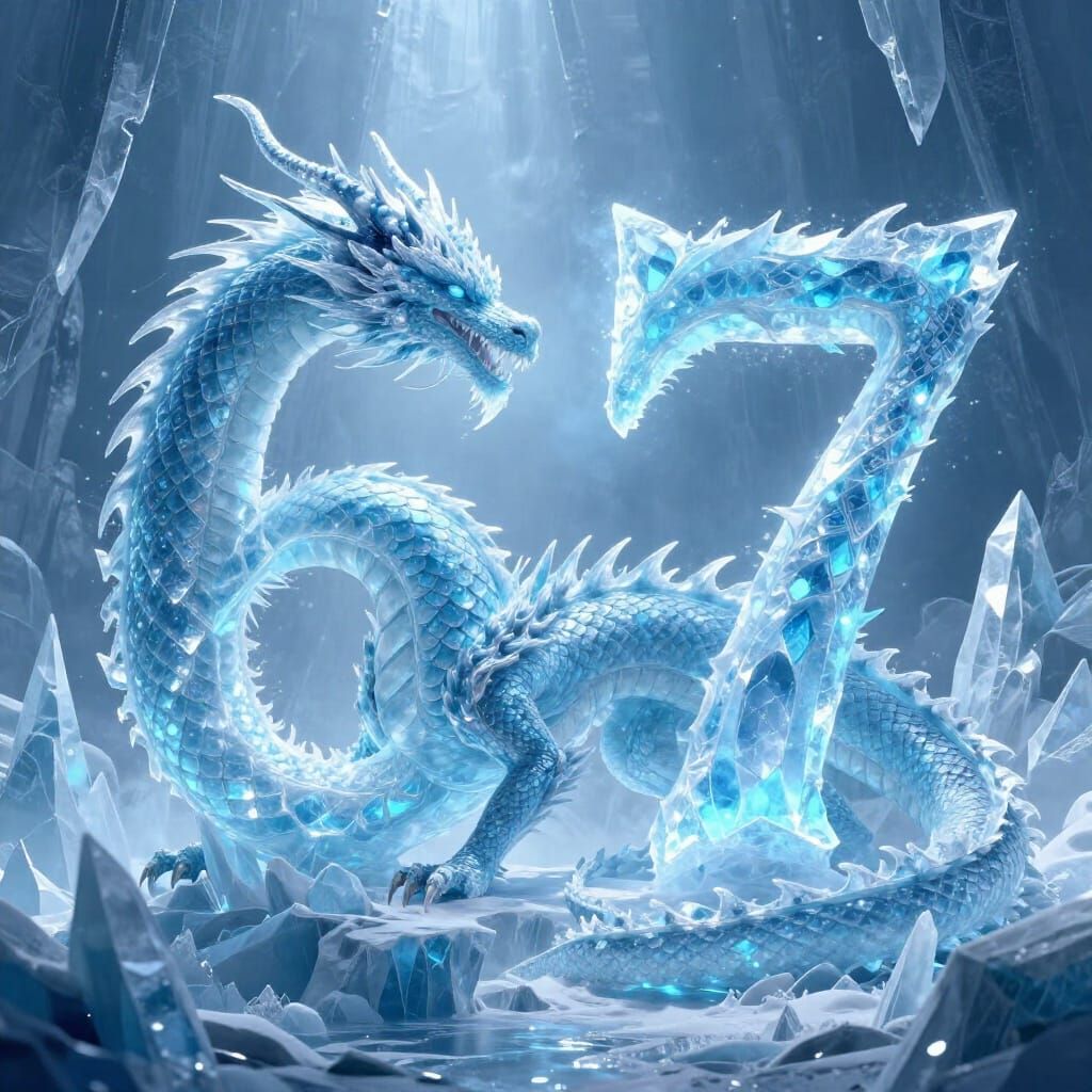 Ice Dragons Sculpt Numbers Six and Seven in Frozen Landscape