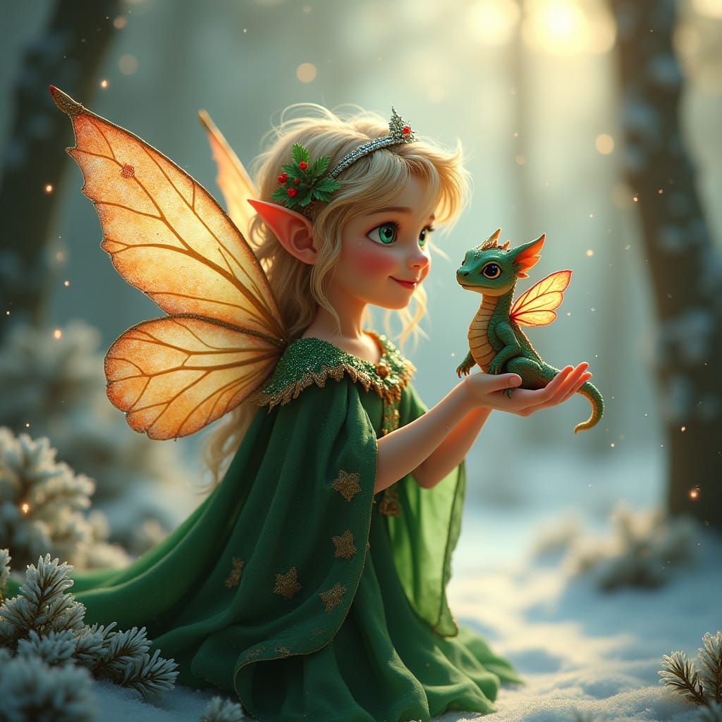Enchanted Fairy and Dragon Friends in Whimsical Holiday Scen...