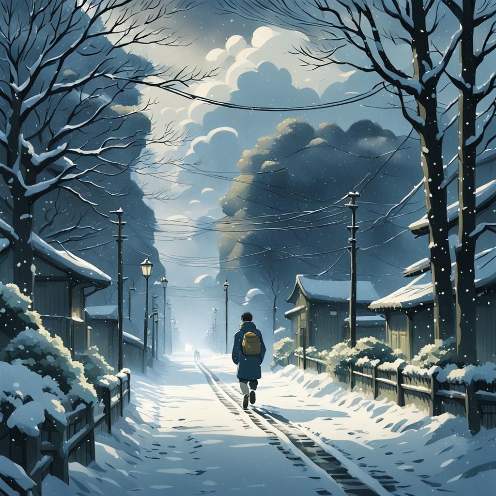 Man Walking in Heavy Snowfall: Studio Ghibli Anime
