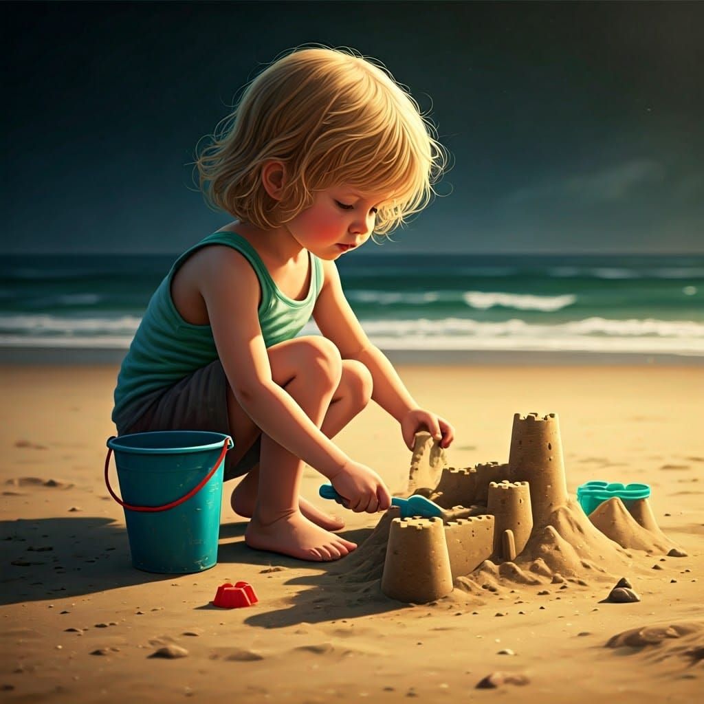 Child Builds Sandcastle on Beach: Detailed Matte Painting