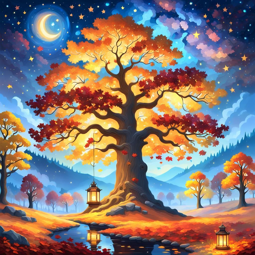 Ethereal Oak Tree Under Starry Night Sky as Oil Painting