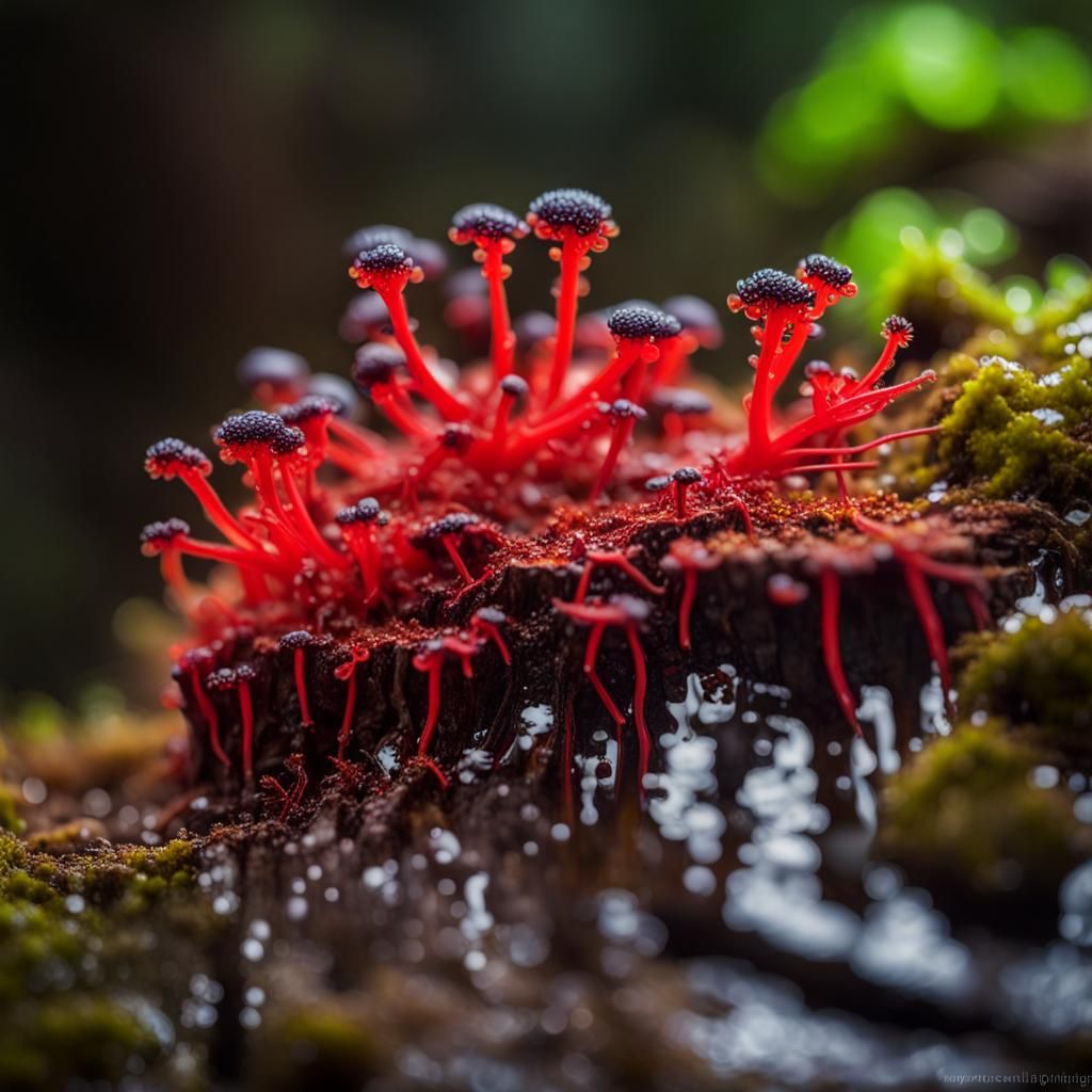 Vibrant Red Slime Mold on Forest Wood, Macro Shot