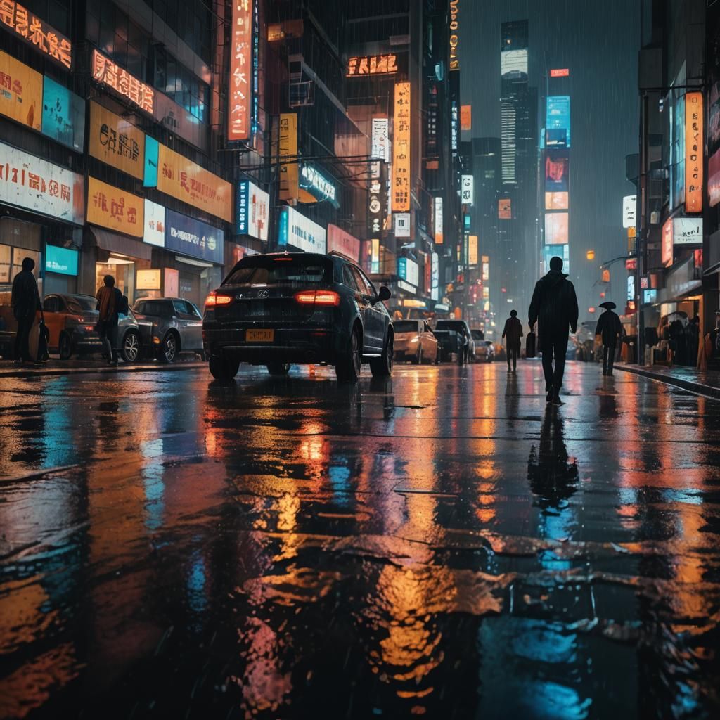 Neon Cityscape Reflection: Hyperrealistic Rainy Night Scene