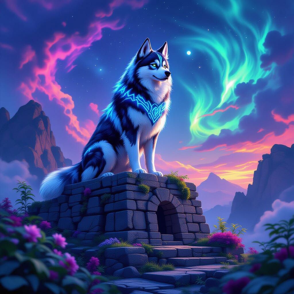 Bioluminescent Husky Guardian on Ancient Alien Ruins