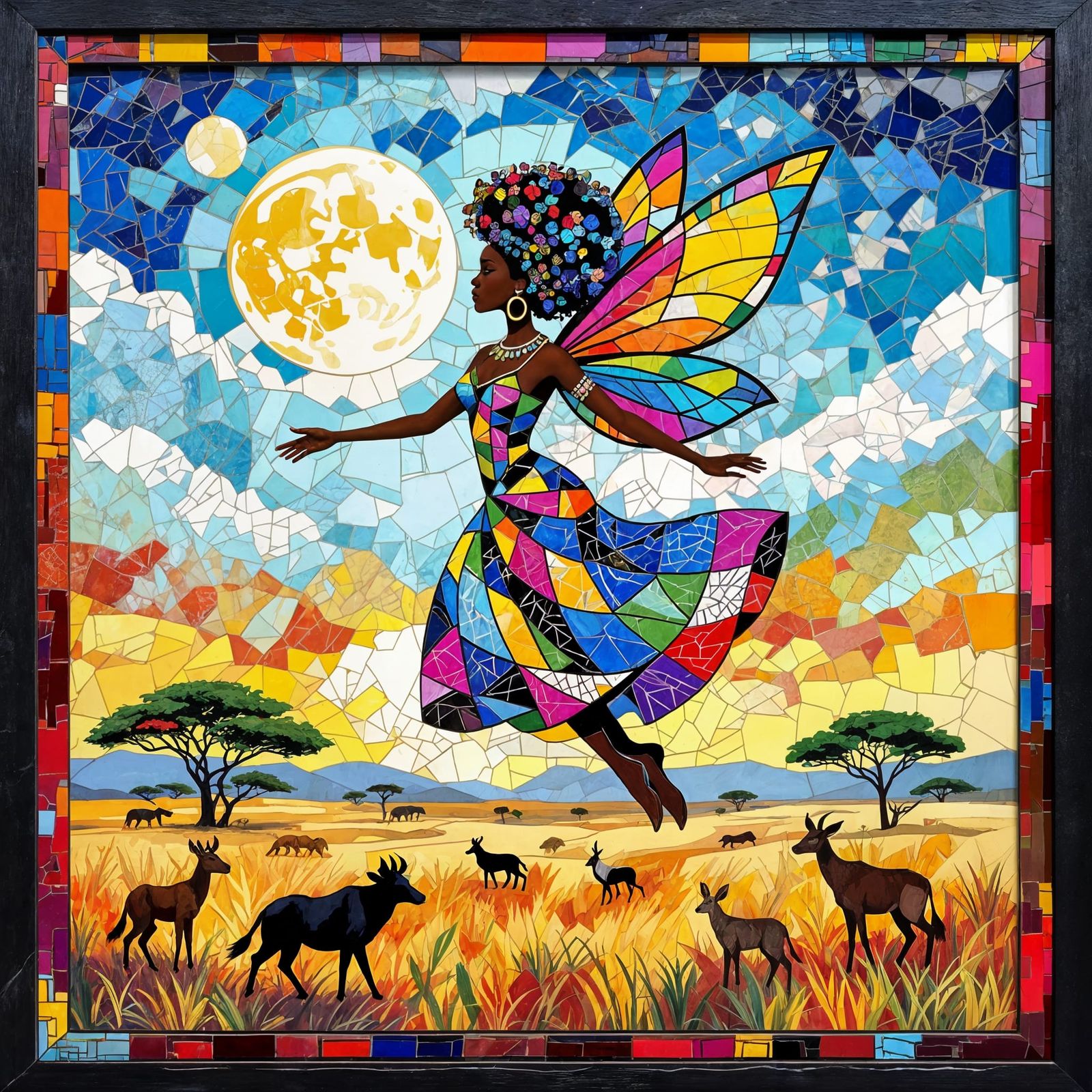 Celestial African Fairy Over the Serengeti in Mosaic Style
